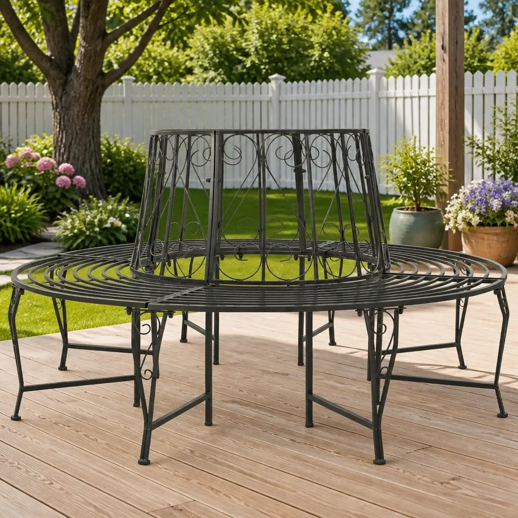 Circular Outdoor Tree Bench Grey Steel 160cm Half Round Seating for Garden and Patio