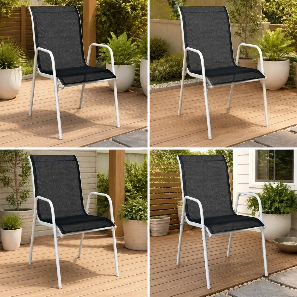 Outdoor Garden Armchairs Set of 4 Black Steel and Textilene Stackable Patio Seating