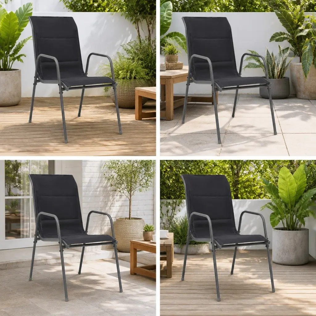 Stackable Outdoor Chairs Garden Patio Seating Set 4 Piece Steel Frame Black
