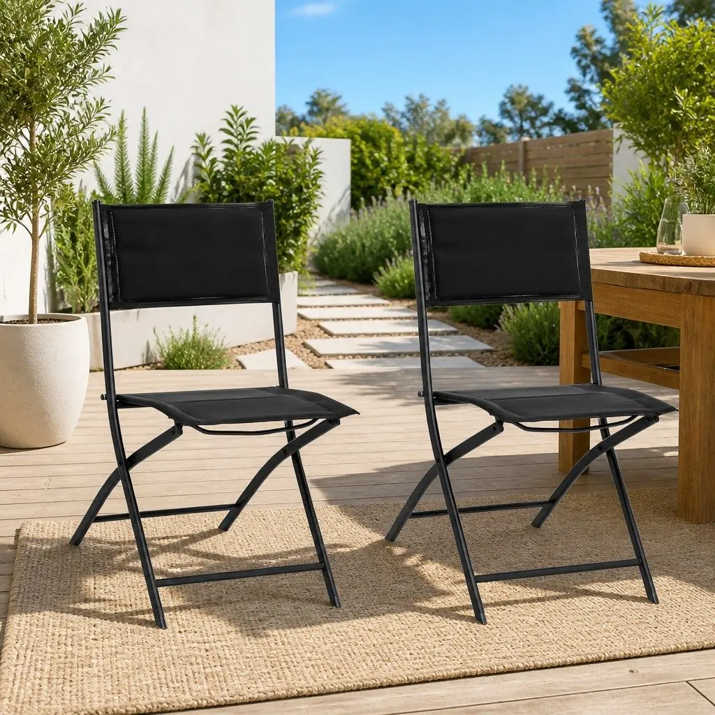 Folding Outdoor Chairs Garden Seating 2 Piece Steel Frame Textilene Black