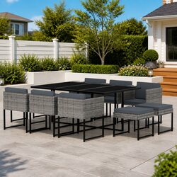 Comfortable 11 Piece Outdoor Dining Set with Grey Cushions