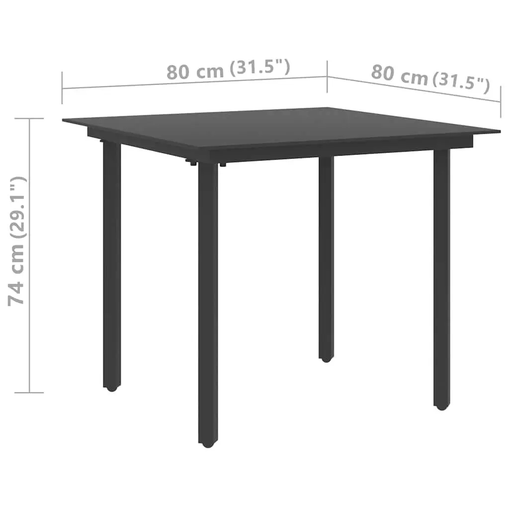 Garden Dining Table Outdoor Use 80x80x74cm Black Steel Frame Glass Top