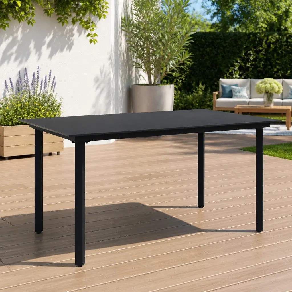 Garden Dining Table Outdoor Use 150 x 80 x 74 cm Black Steel Frame Glass Top