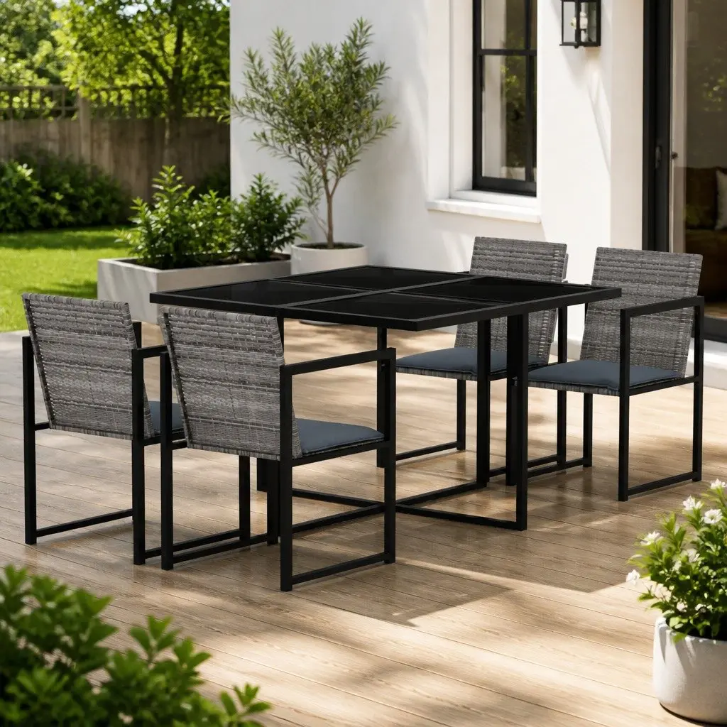 Outdoor Dining Set 5 Piece Patio Garden Furniture Grey Rattan Chairs Table