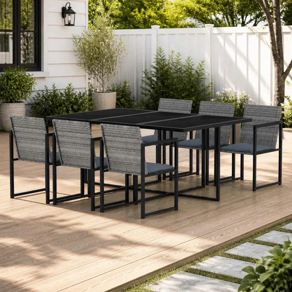 Outdoor Dining Set 7 Piece Patio Furniture Table Chairs with Cushions Grey