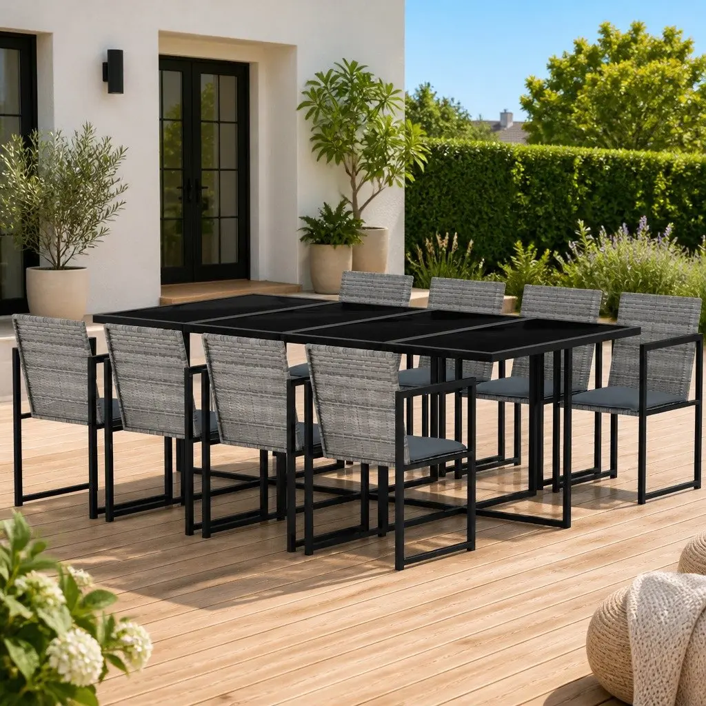 Outdoor Dining Set 9 Piece Patio Garden Furniture Grey Rattan