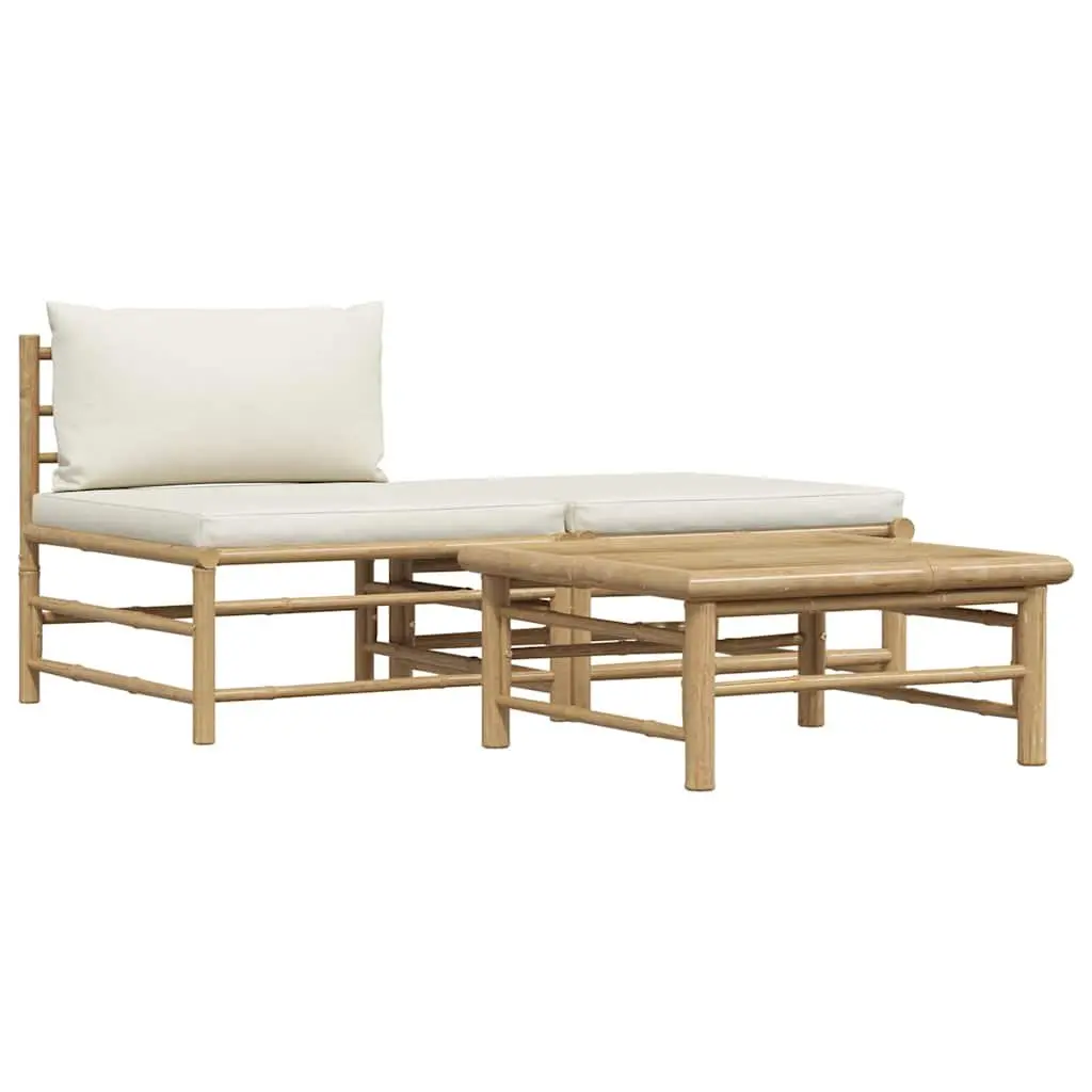 3 Piece Garden Lounge Set Bamboo Outdoor Sofa Furniture Cream White Cushions