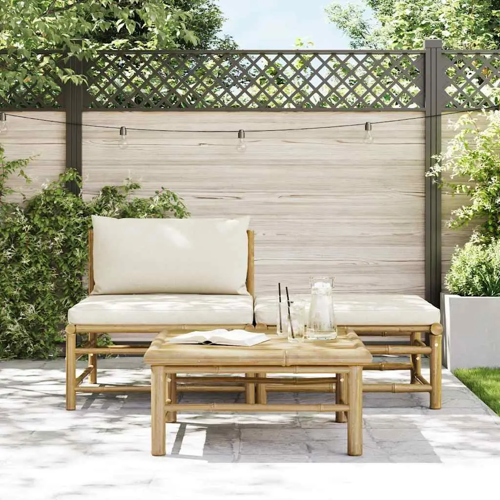 3 Piece Garden Lounge Set Bamboo Outdoor Sofa Furniture Cream White Cushions