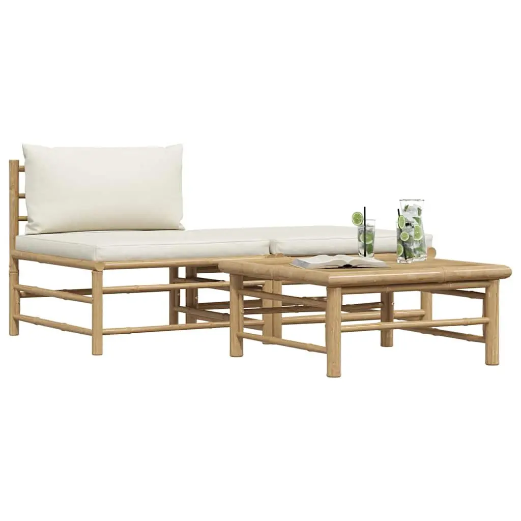 3 Piece Garden Lounge Set Bamboo Outdoor Sofa Furniture Cream White Cushions