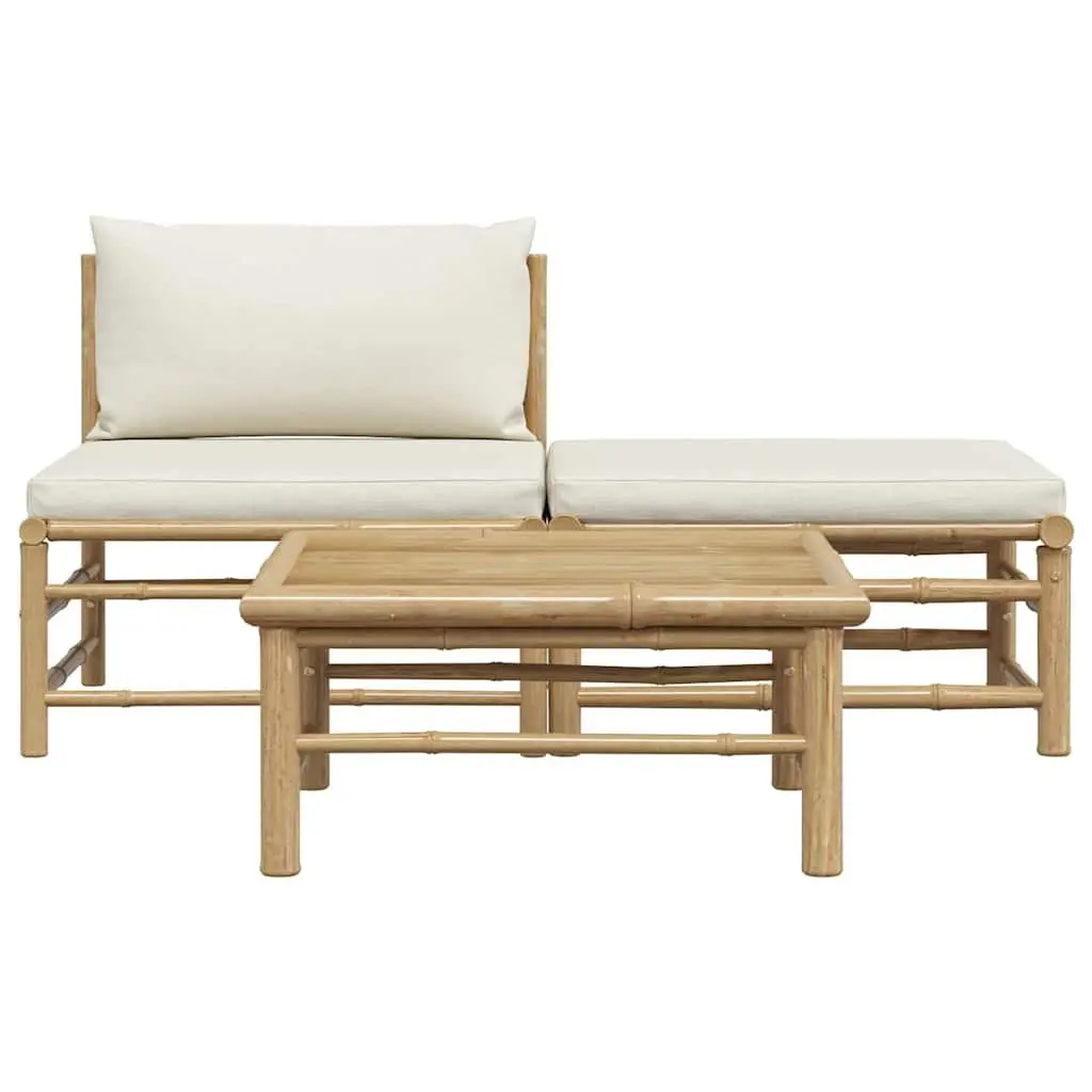 3 Piece Garden Lounge Set Bamboo Outdoor Sofa Furniture Cream White Cushions