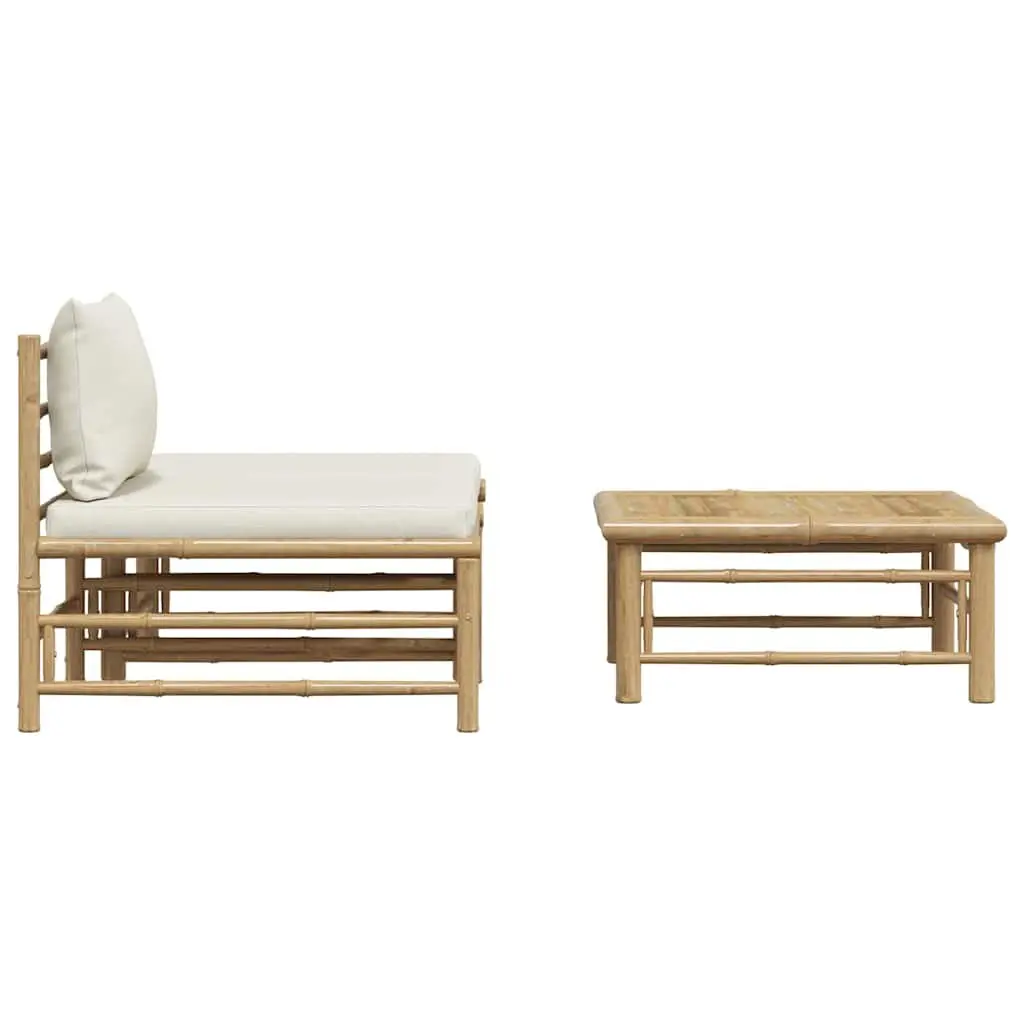 3 Piece Garden Lounge Set Bamboo Outdoor Sofa Furniture Cream White Cushions