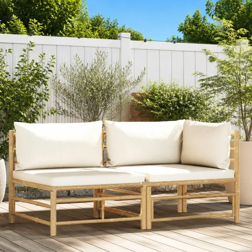 2 Piece Garden Lounge Set Outdoor Patio Sofa Bamboo Cream White Cushions