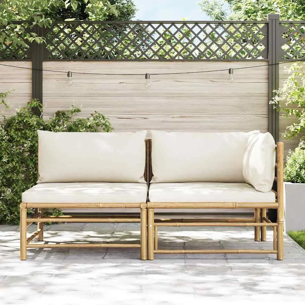 2 Piece Garden Lounge Set Outdoor Patio Sofa Bamboo Cream White Cushions