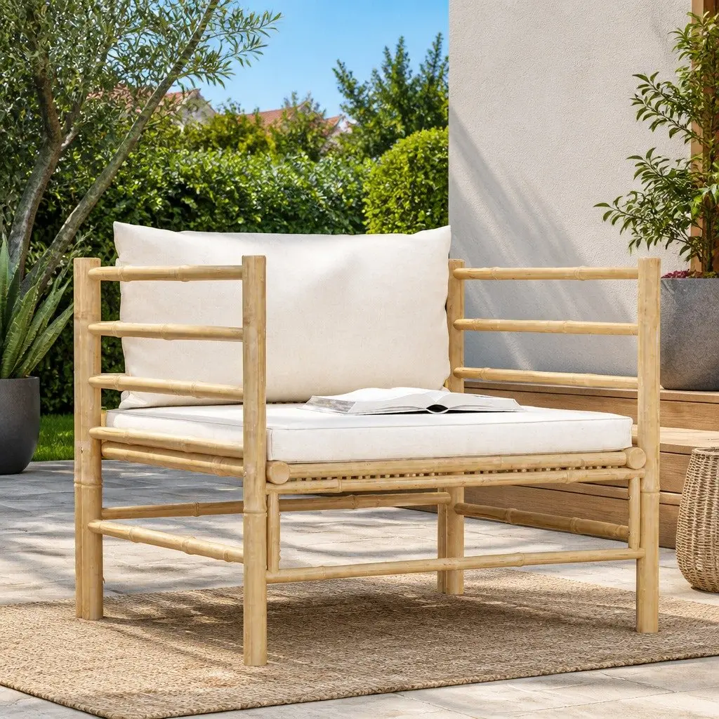 Garden Sofa Outdoor Lounge Seat Modular Bamboo Cream White Cushions