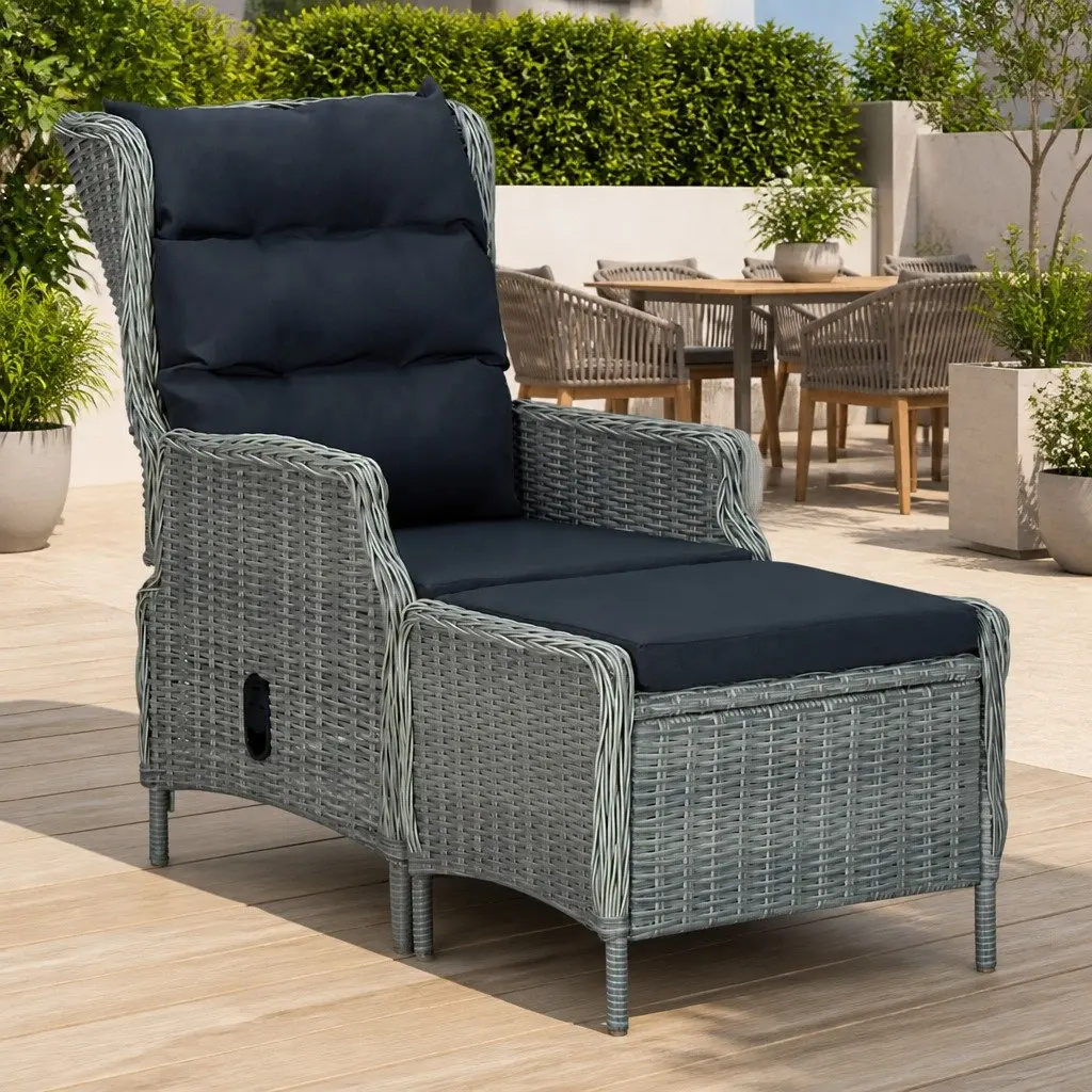 Reclining Garden Chair Outdoor Lounger with Footstool Grey Poly Rattan