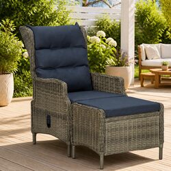Reclining Garden Chair with Footstool PE Rattan Outdoor Lounger Brown