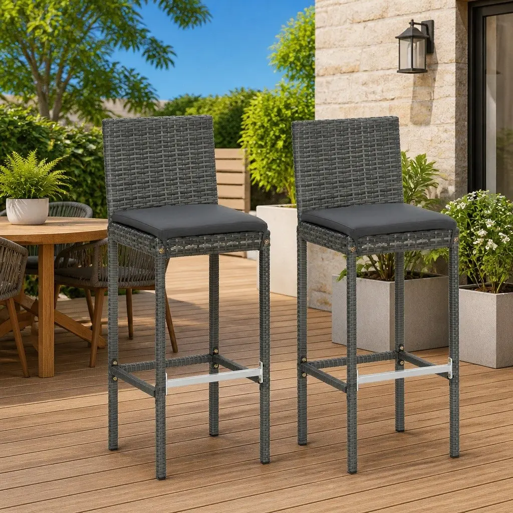 Outdoor Bar Stools Set 2 pcs Grey Poly Rattan Garden Seating Cushioned Chairs