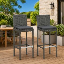 Outdoor Bar Stools Set 2 pcs Grey Poly Rattan Garden Seating Cushioned Chairs