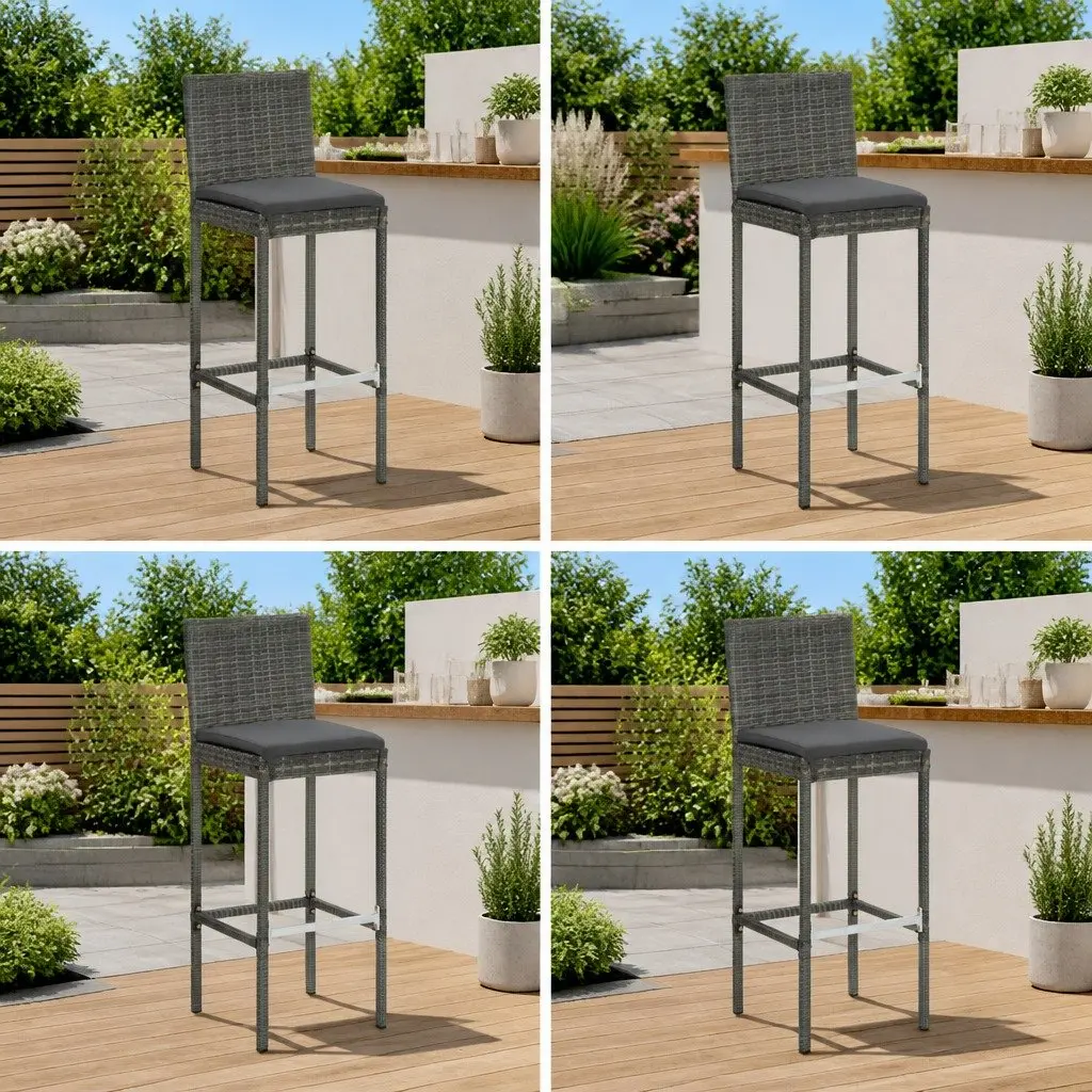 Outdoor Bar Stools Set of 4 Grey Poly Rattan Garden Seating with Cushions