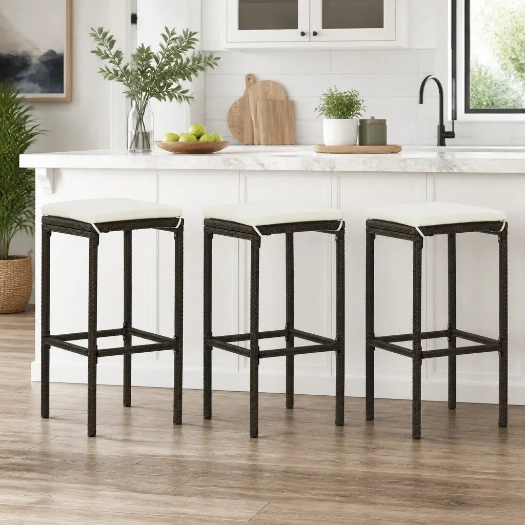 Bar Stools with Cushions 3 pcs Brown Rattan Counter Height Dining Chair Set