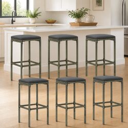 Bar Stools Set 6 pcs Grey PE Rattan Counter Chairs with Cushions Footrest