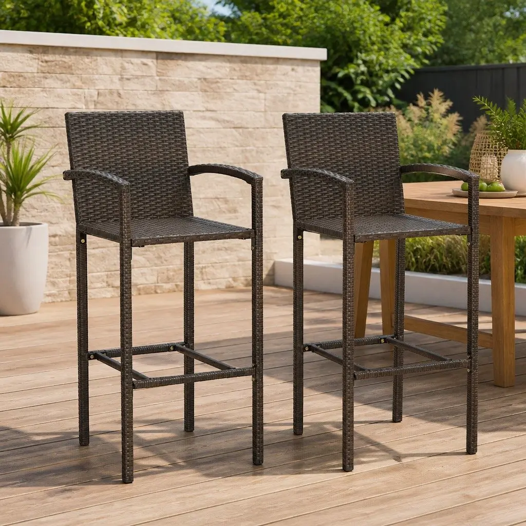 Outdoor Bar Stools 2 Pieces Brown Rattan Garden Seating with Footrest