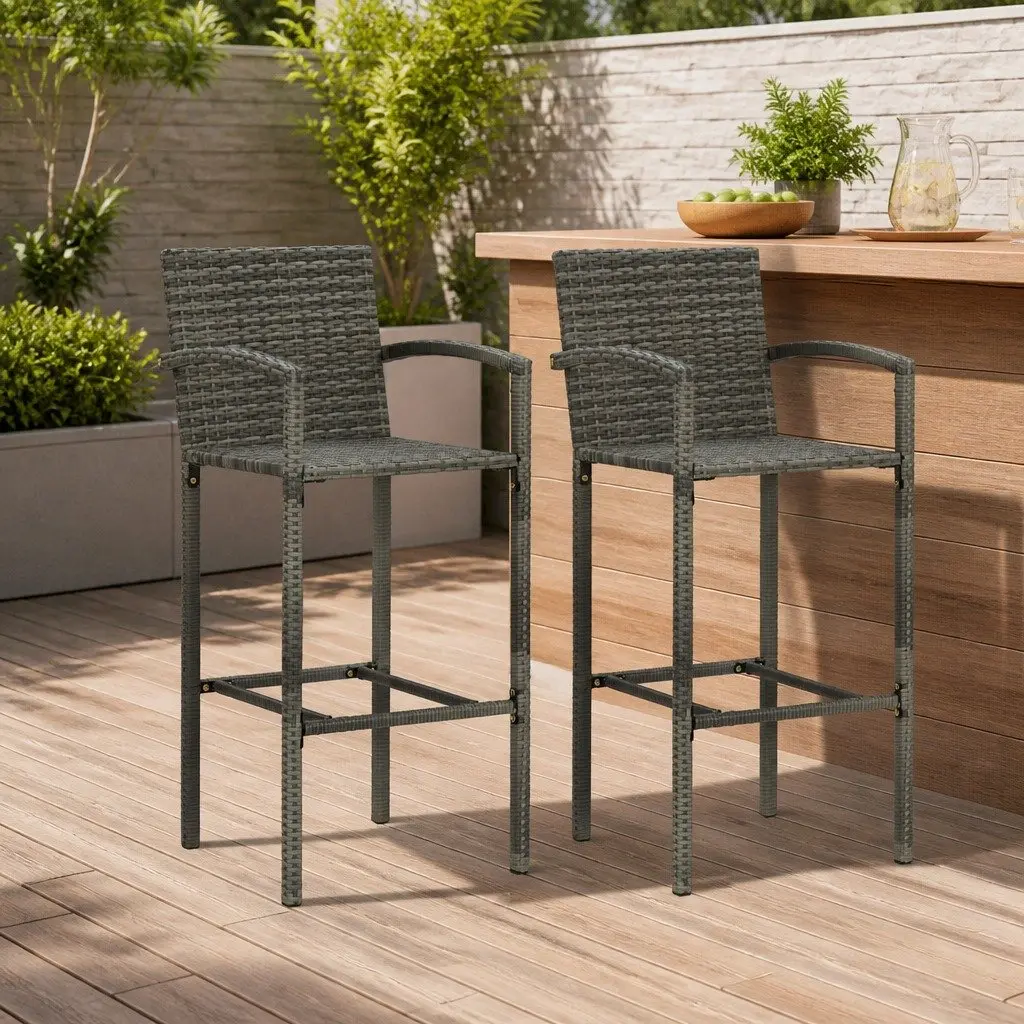 Grey Rattan Outdoor Bar Stools Set of 2