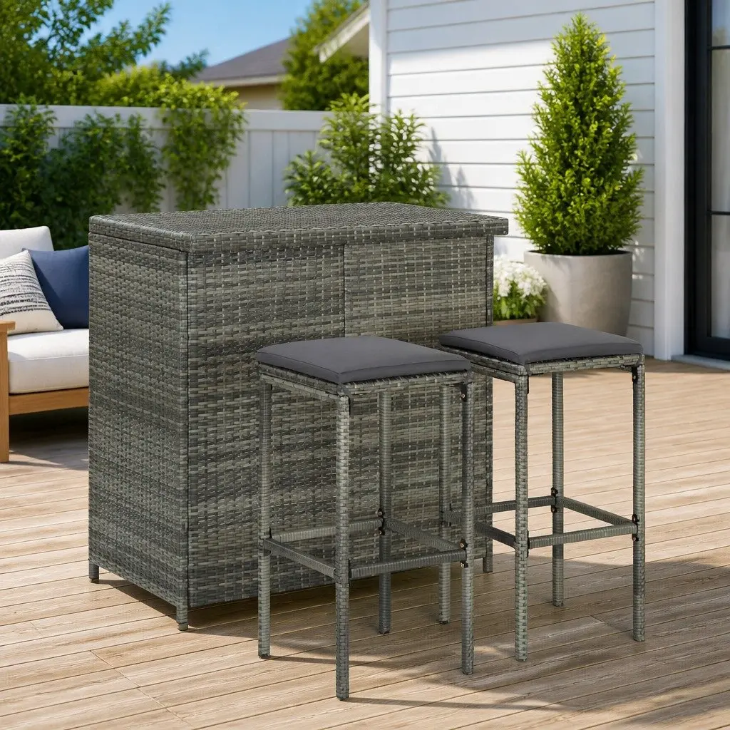 3 Piece Bar Set Outdoor Garden Table Stools Grey Poly Rattan