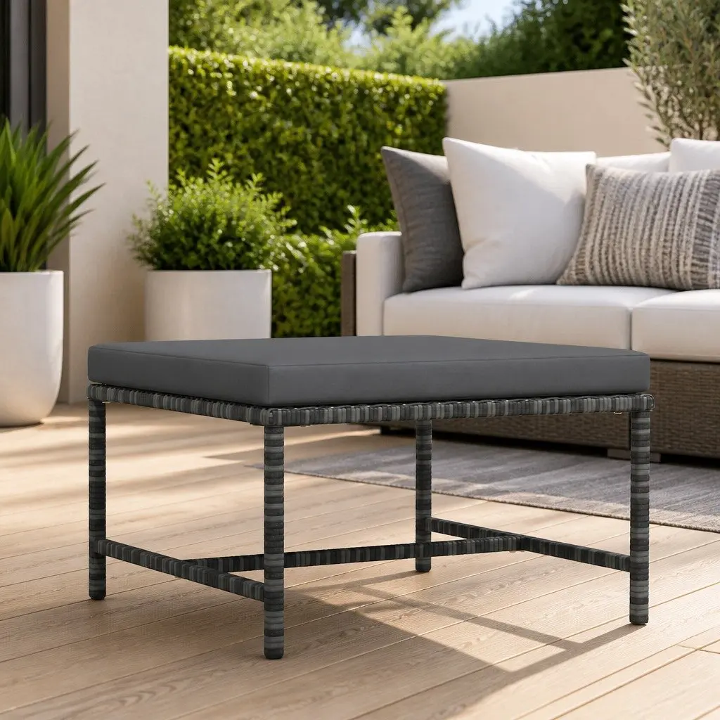 Outdoor Footrest Ottoman Grey Rattan Modular with Removable Cushion