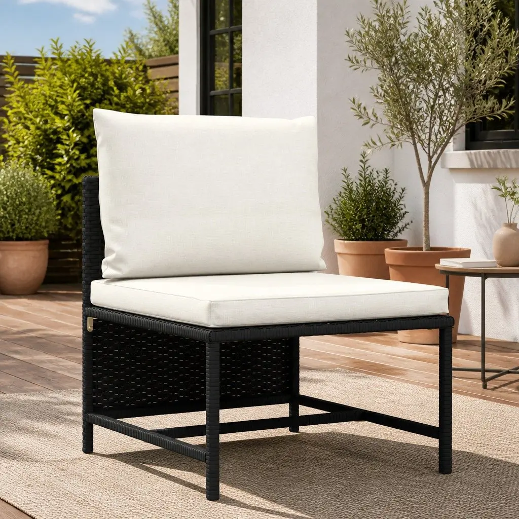 Outdoor Sectional Middle Sofa Black Poly Rattan Modular Garden Lounge Seat
