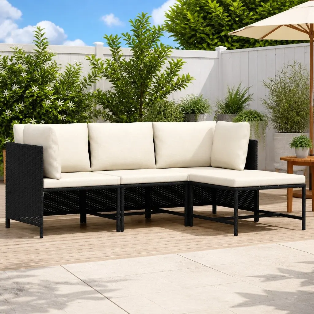4 Piece Garden Lounge Sofa Set Black Poly Rattan Outdoor Seating