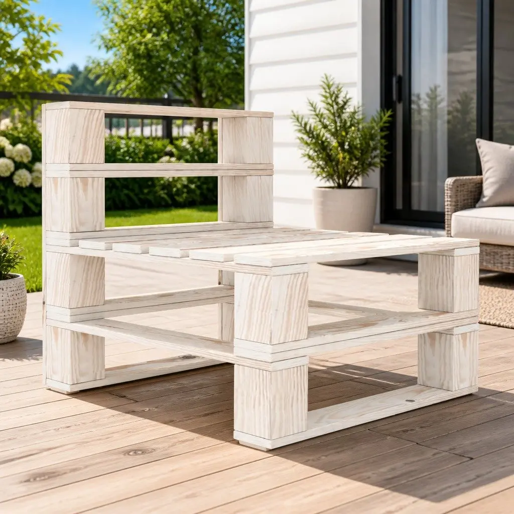 Garden Pallet Middle Sofa Wood White Outdoor Patio Modular Sofa Section Seat