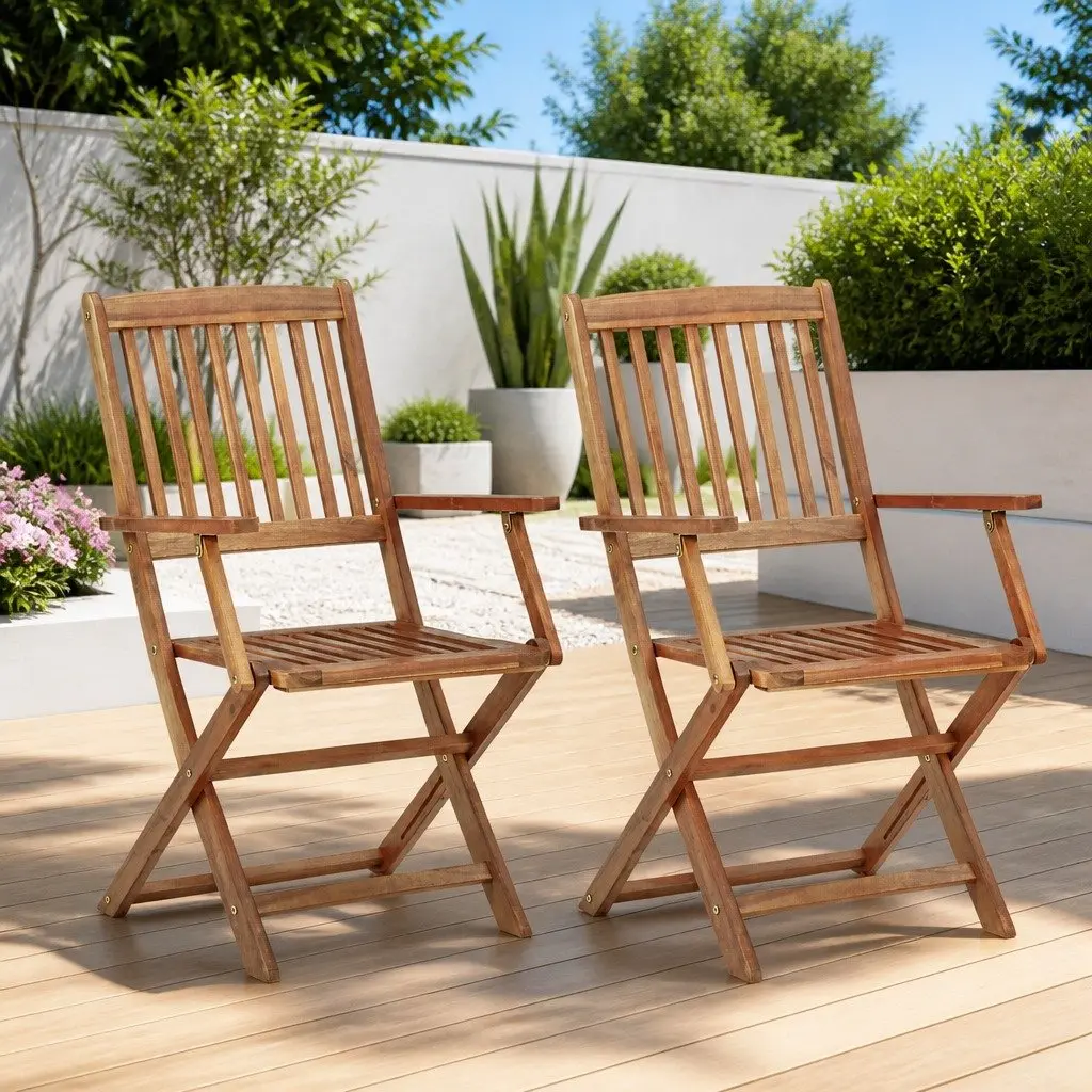 Outdoor Folding Chairs Set 2 pcs Garden Patio Dining Seating Wooden Furniture