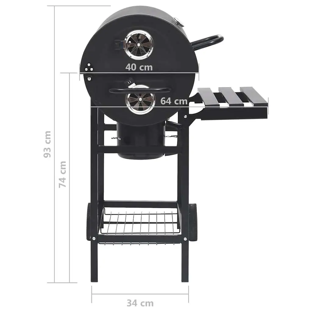 Barrel Charcoal BBQ Grill Outdoor Cooking Black Steel with Wheels and Shelves