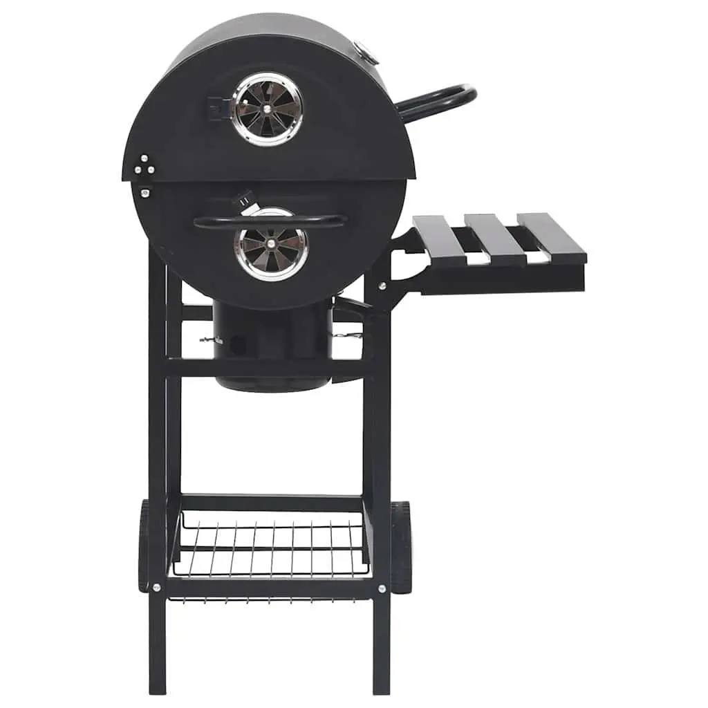 Barrel Charcoal BBQ Grill Outdoor Cooking Black Steel with Wheels and Shelves