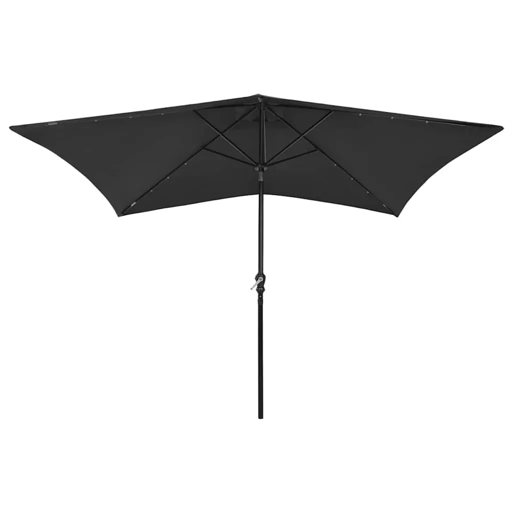 Garden Parasol UV Protection 2x3m Black with Solar LED Lights Steel Pole Crank Tilt