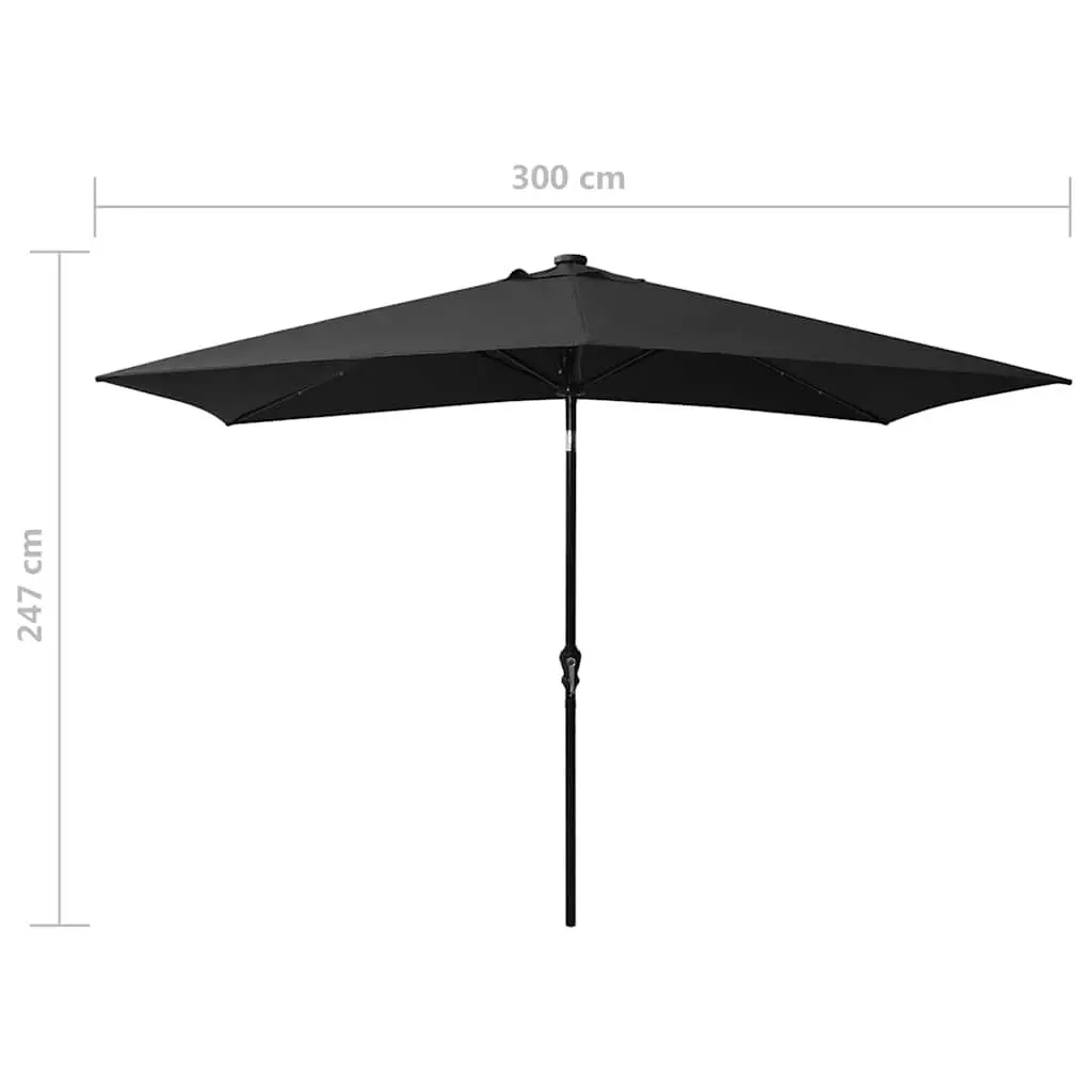 Garden Parasol UV Protection 2x3m Black with Solar LED Lights Steel Pole Crank Tilt