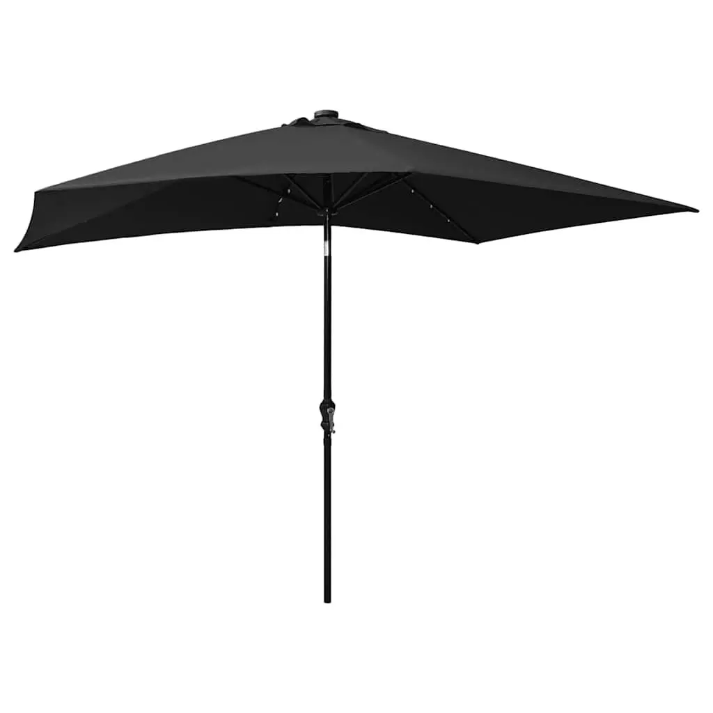Garden Parasol UV Protection 2x3m Black with Solar LED Lights Steel Pole Crank Tilt