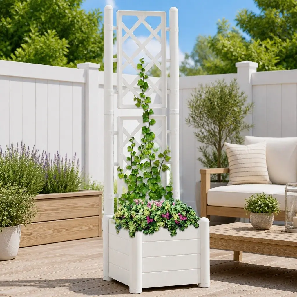Garden Planter Trellis Outdoor Raised Flower Box 30L White