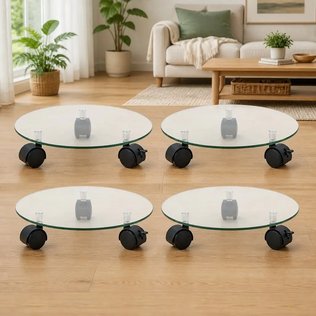 Plant Rollers 4 Pieces 28 cm Round Tempered Glass Rolling Bases Castor Wheels