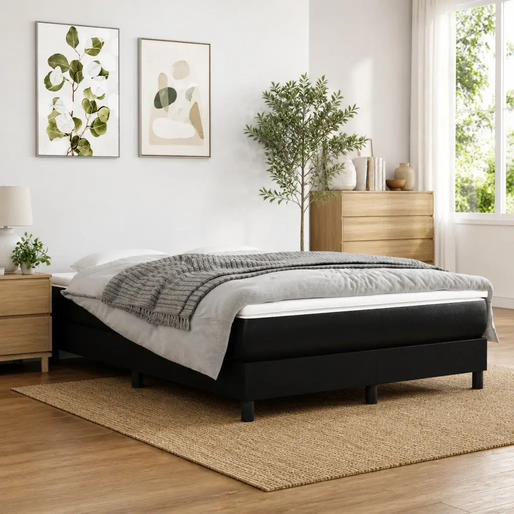 Box Spring Bed Pocket Spring Mattress Queen Size Black Faux Leather