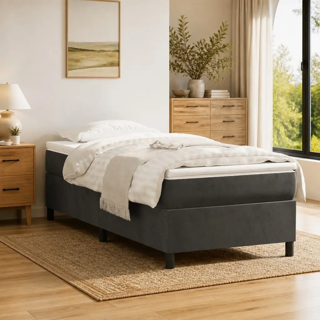 Box Spring Bed King Single Velvet Upholstered Pocket Mattress Grey