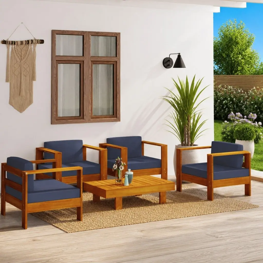 5 Piece Garden Lounge Set Solid Acacia Wood Grey Cushions Outdoor Furniture