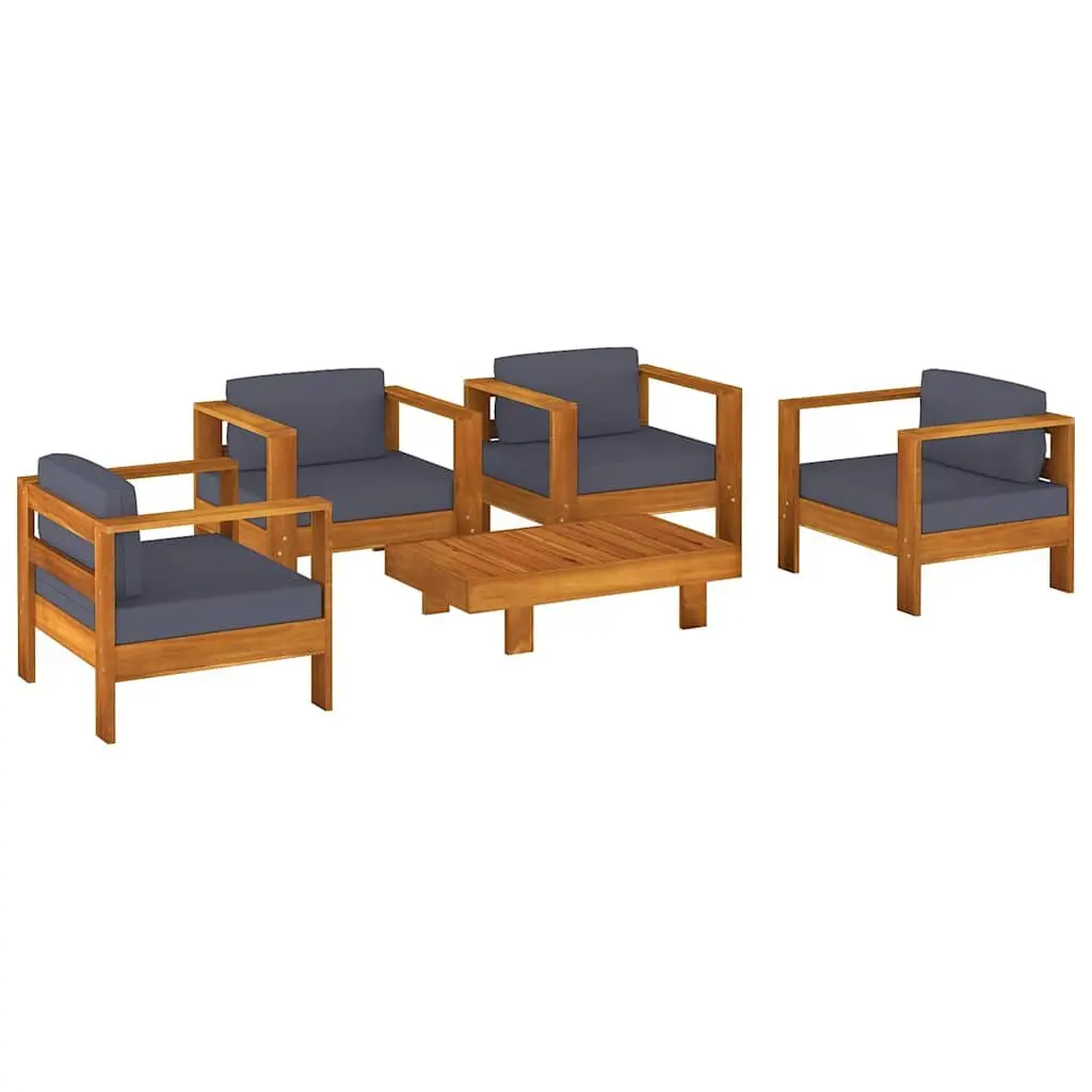 5 Piece Garden Lounge Set Solid Acacia Wood Grey Cushions Outdoor Furniture