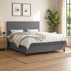 Queen Size Box Spring Bed with Pocket Spring Mattress Dark Grey Fabric Headboard