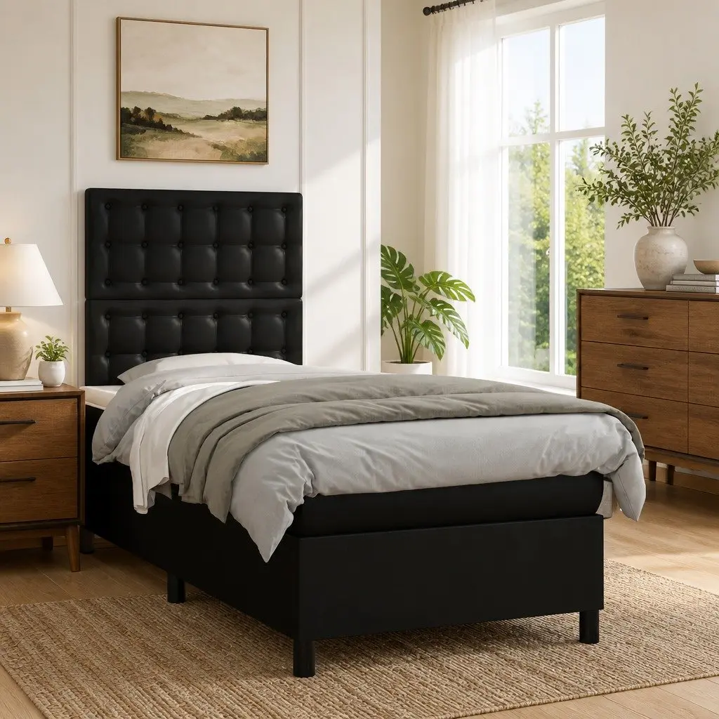 Box Spring Bed Pocket Spring Mattress King Single Black Faux Leather