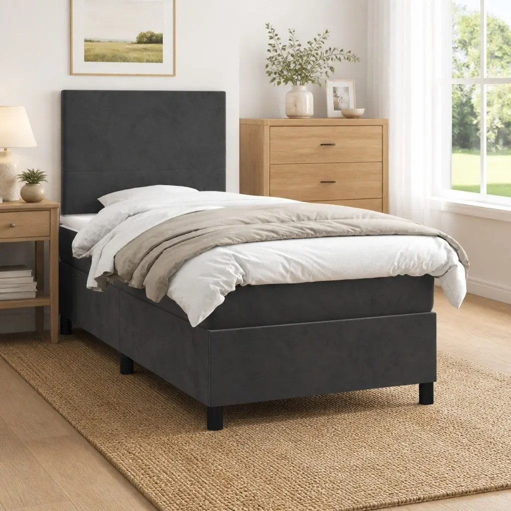 Box Spring Bed King Single 106x203cm Velvet Adjustable Headboard Pocket Mattress Dark Grey
