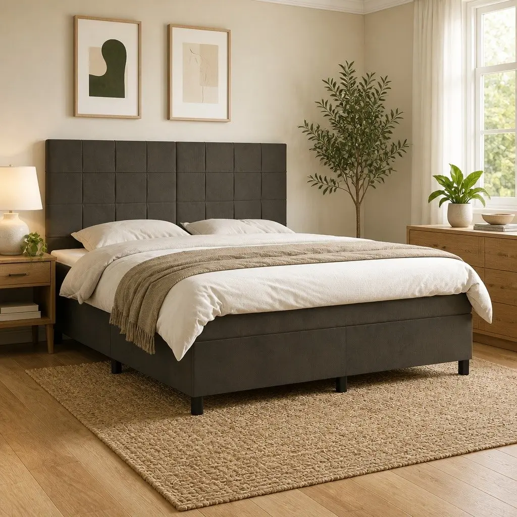 Queen Size Box Spring Bed with Pocket Spring Mattress Grey Velvet Headboard