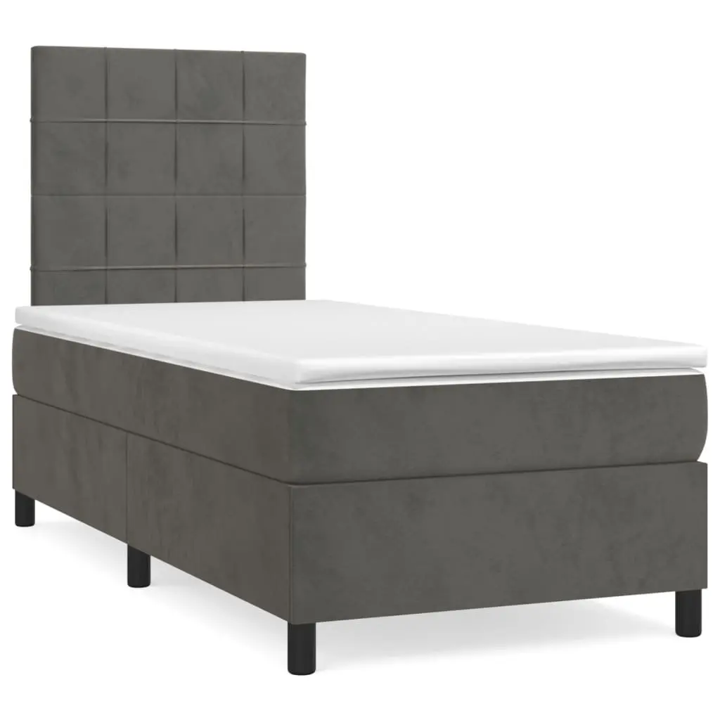 King Single Box Spring Bed with Pocket Spring Mattress Grey Velvet 106x203cm