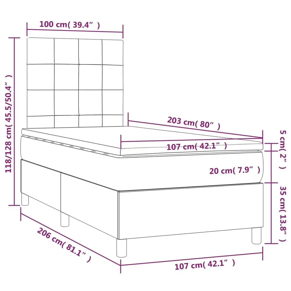 King Single Box Spring Bed with Pocket Spring Mattress Grey Velvet 106x203cm